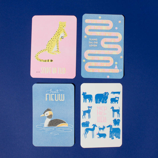 Set van 4 kleine riso kaarten (A6-ish, in Dutch)
